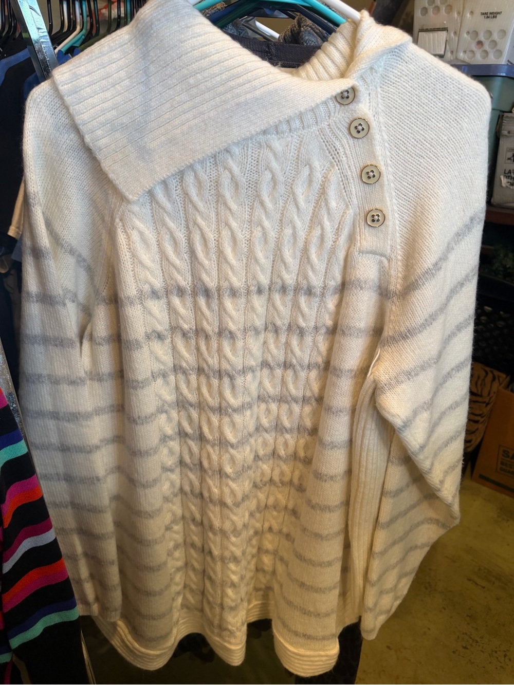 croft & barrow Cream Cable-Knit Button Poncho with Light Gray Stripes